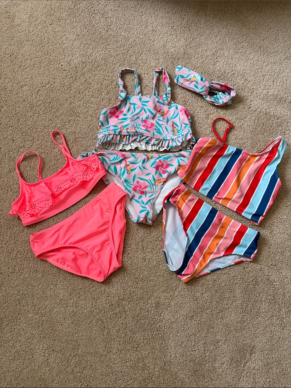 Girls Mixed Bikini Set - Floral, Neon Pink & Multi-Stripe